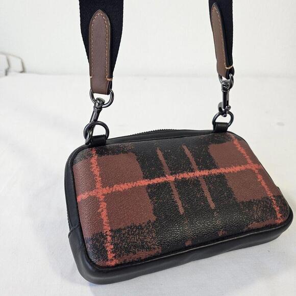 New COACH Carrier Phone Crossbody With Window Pane Plaid Print Black Brown - Picture 2 of 8